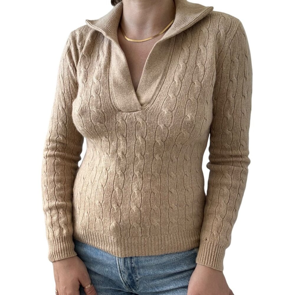 Ralph Lauren Women's Cable Knit V-Neck Sweater in Beige
